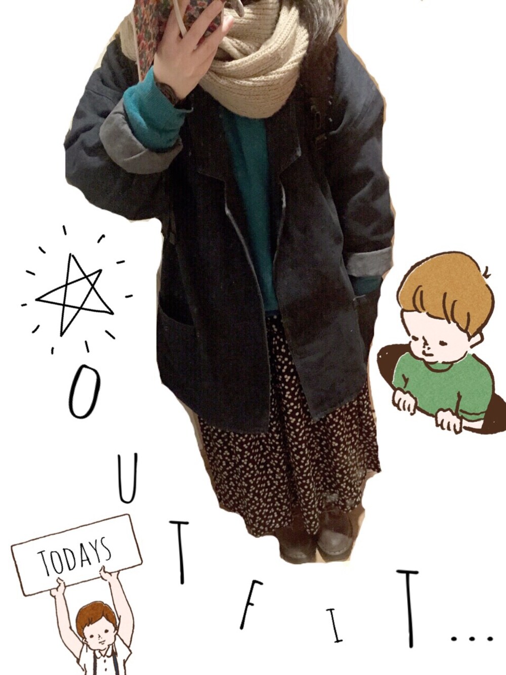 「Kastane、Dr.Martens、THE NORTH FACE、古着、デニムジャケット、スウェット、ロングスカート、バックパック、ゆるゆる」｜「Kastaneのアイテム（デニムジャケット、ブルー系）」を使った、k u r u m iさん（レディース・148cm）の冬コーディネートの1枚目の写真