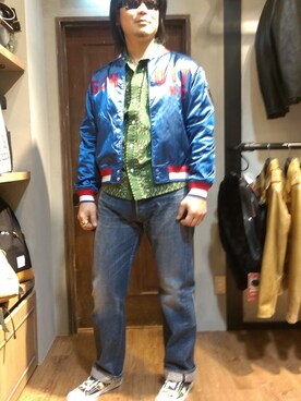 「schott（ショット）のアイテム（スタジャン、ブルー系）」を使った、Masao さん（メンズ・179cm）の冬コーディネート
