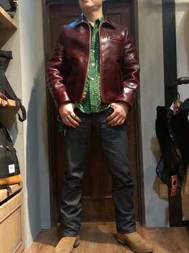 「schott（ショット）のアイテム（ライダースジャケット、レッド系）」を使った、Masao さん（メンズ・179cm）の冬コーディネート