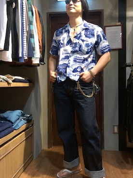 「schott（ショット）のSchott/ショット/HAWAIIAN SHIRT SCHOTT HISTORY/ハワイアンシャツ ショット ヒストリー アロハシャツ（シャツ/ブラウス、ブルー系）」を使った、Masao さん（メンズ・179cm）の夏コーディネート