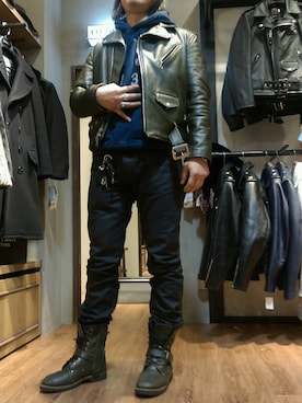 「schott（ショット）のSchott/ショット/613UST ONESTAR TALL/ワンスター トール（ライダースジャケット、ブラック系）」を使った、Masao さん（メンズ・179cm）の冬コーディネート
