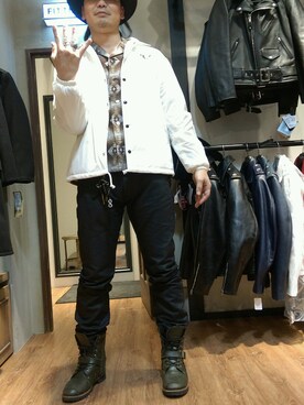 「schott（ショット）のアイテム（ジャケット/アウター、ホワイト系）」を使った、Masao さん（メンズ・179cm）の冬コーディネート