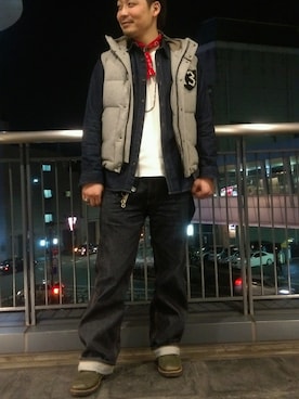 「schott（ショット）のSchott/ショット/13ozJEANS WIDE GLIDE/13オンス　ジーンズ　デニム　ワイド　グライド（デニムパンツ、ブルー系）」を使った、Masao さん（メンズ・179cm）の冬コーディネート