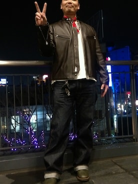 「schott（ショット）のSchott/ショット/13ozJEANS WIDE GLIDE/13オンス　ジーンズ　デニム　ワイド　グライド（デニムパンツ、ブルー系）」を使った、Masao さん（メンズ・179cm）の冬コーディネート