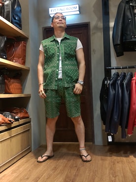 「schott（ショット）のSchott/ショット/CLASSIC BANDANA SHORTS/クラシック　バンダナ　ショーツ（その他パンツ、グリーン系）」を使った、Masao さん（メンズ・179cm）の夏コーディネート
