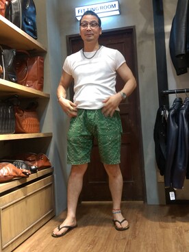 「schott（ショット）のSchott/ショット/CLASSIC BANDANA SHORTS/クラシック　バンダナ　ショーツ（その他パンツ、グリーン系）」を使った、Masao さん（メンズ・179cm）の夏コーディネート
