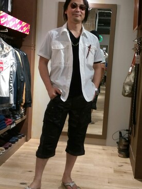 「AVIREX（アヴィレックス）のavirex/ アヴィレックス /S/S RIP STRECH SHIRT/ リップ　ストレッチシャツ（シャツ/ブラウス、ホワイト系）」を使った、Masao さん（メンズ・179cm）の夏コーディネート