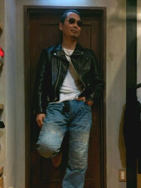 「schott（ショット）のアイテム（ライダースジャケット、ブラック系）」を使った、Masao さん（メンズ・179cm）の秋コーディネート