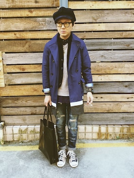 「nanamica（ナナミカ）のアイテム（トレンチコート）」を使った、Rïko Chang(張瑞摳)さん（メンズ・178cm）の冬コーディネート