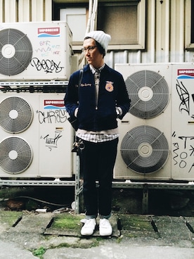 「MUJI」｜「アイテム（ブルゾン）」を使った、Rïko Chang(張瑞摳)さん（メンズ・178cm）の春コーディネート
