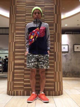 「カモ柄」｜「アイテム（ニットキャップ/ビーニー）」を使った、funatoさん（メンズ・166cm）の夏コーディネート