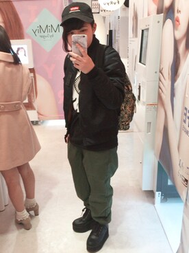 「原宿」｜「アイテム（ミリタリージャケット）」を使った、mokaさん（レディース・153cm）の冬コーディネート