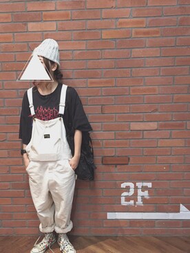 「バンT」｜「アイテム（サロペット/オーバーオール）」を使った、aminoさん（レディース・158cm）の秋コーディネート