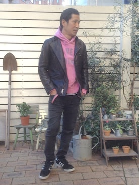「Engineered Garments（エンジニアードガーメンツ）のアイテム（ライダースジャケット）」を使った、shinkai teruhikoさん（メンズ・168cm）の冬コーディネート