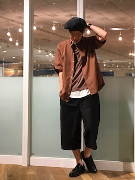 「ビッグシャツ」｜「アイテム（ハンチング/ベレー帽）」を使った、nissy_HAREさん（メンズ・180cm）の春コーディネート