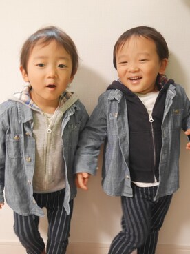 「アイテム（パーカー、ブルー系）」を使った、あさゆうひさん（キッズ・90cm）の秋コーディネート