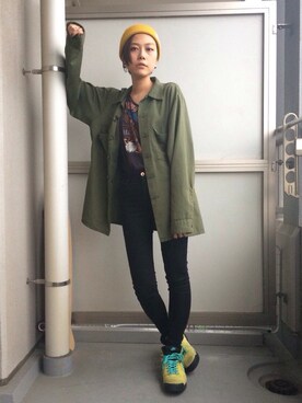 「used mix」｜「アイテム（ニットキャップ/ビーニー）」を使った、asakaさん（レディース・165cm）の春コーディネート