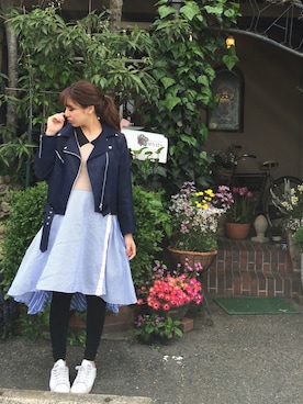 「ドッキングワンピ」｜「アイテム（ライダースジャケット）」を使った、Ahh♡さん（レディース・157cm）の春コーディネート
