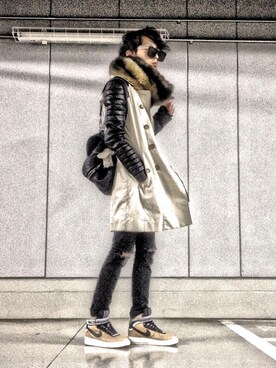 「RICK OWENS」｜「アイテム（トレンチコート）」を使った、ANOTHER-Jさん（メンズ・175cm）の冬コーディネート