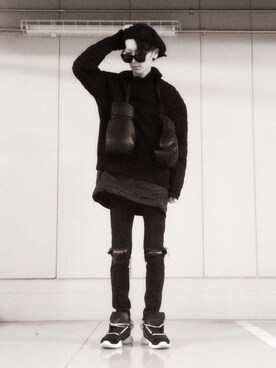 「RICK OWENS」｜「アイテム（ハンチング/ベレー帽）」を使った、ANOTHER-Jさん（メンズ・175cm）の冬コーディネート