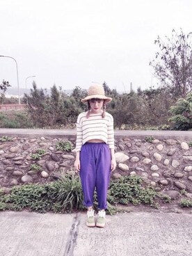 「paidshopのアイテム（その他パンツ、パープル系）」を使った、しきさん（レディース・155cm）の春コーディネート