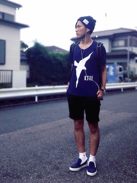 「ALLEGE（アレッジ）のアイテム（ニットキャップ/ビーニー）」を使った、izさん（メンズ・177cm）の夏コーディネート