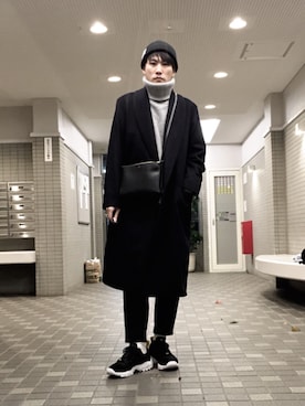 「ニットキャップ」｜「アイテム（チェスターコート）」を使った、izさん（メンズ・177cm）の冬コーディネート