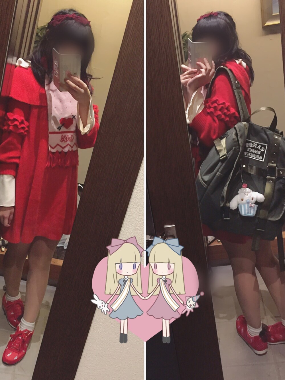 「LILY BROWNのオフショルAラインニットワンピース（ワンピース、レッド系）」を使った、あ りささん（レディース・156cm）の冬コーディネートの1枚目の写真