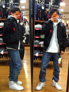 「Wrangler」｜「アイテム（MA-1）」を使った、Lib Greedさん（メンズ・158cm）の冬コーディネート