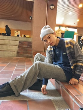 「LACOSTE」｜「アイテム（ニットキャップ/ビーニー）」を使った、Dylanさん（メンズ・163cm）の冬コーディネート