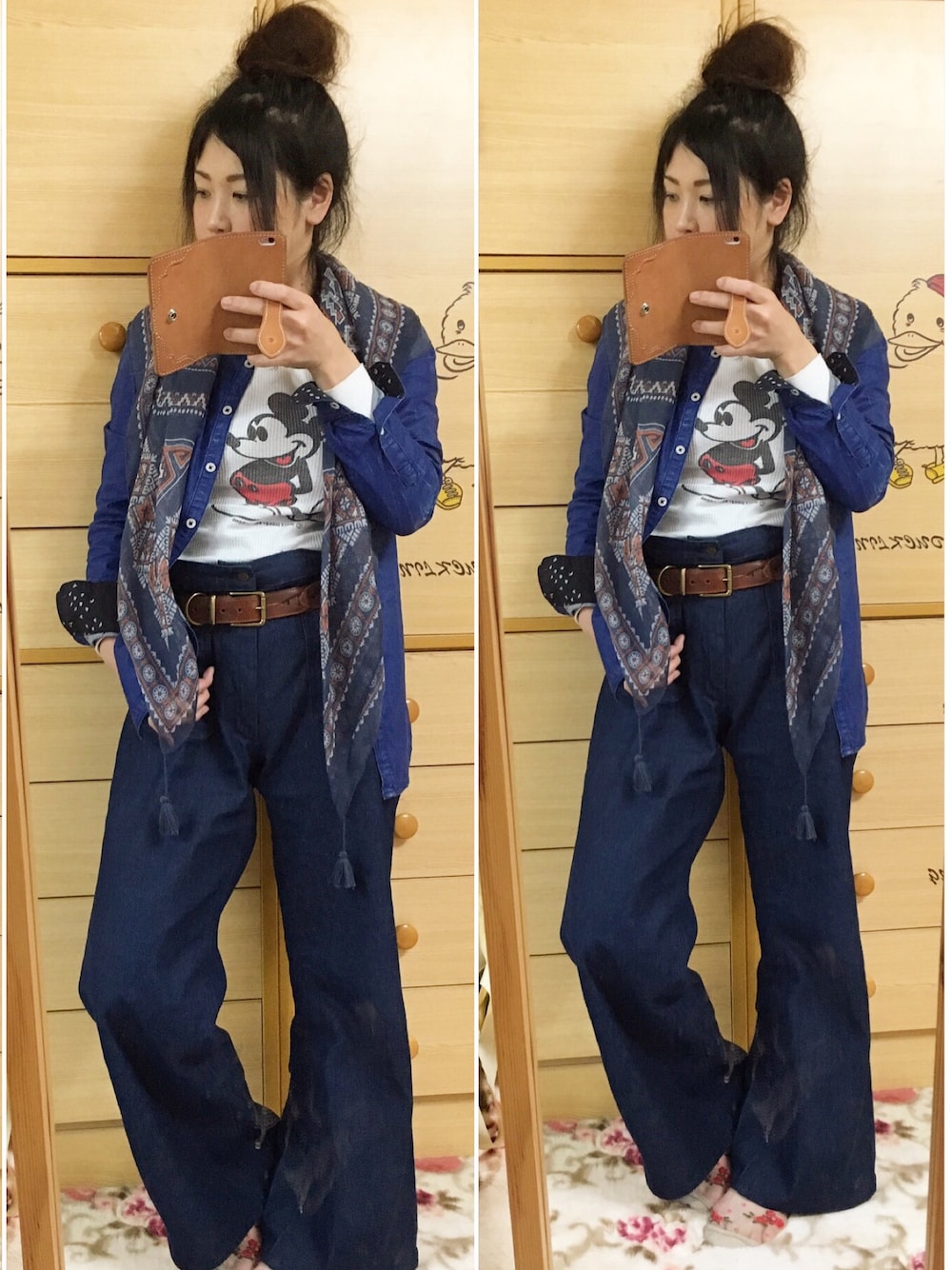 「デニデニ、ミッキー、サーマル、USA古着、ラルフローレン、トミーヒルフィガー、ママコーデ、デニムシャツ、バギーパンツ、スタンスミス」｜「TOMMY HILFIGERのアイテム（シャツ/ブラウス、ブルー系）」を使った、yuzupiさん（レディース・159cm）の春コーディネートの1枚目の写真