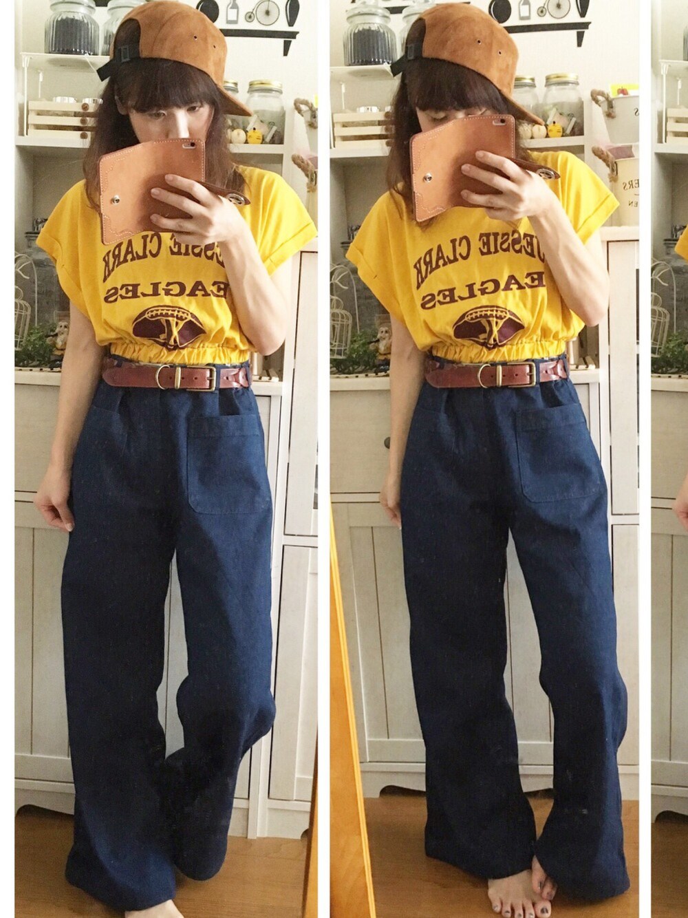 「カジュアルコーデ、古着、キャップ、ootd、used、TODAYFUL、vintage、ママコーデ、デニム、ショートTシャツ」｜「TODAYFULのアイテム（Tシャツ/カットソー、イエロー系）」を使った、yuzupiさん（レディース・158cm）の春コーディネートの1枚目の写真