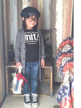 「切りっぱなしデニム」｜「アイテム（ハンチング/ベレー帽）」を使った、mcmong.さん（キッズ・110cm）の冬コーディネート