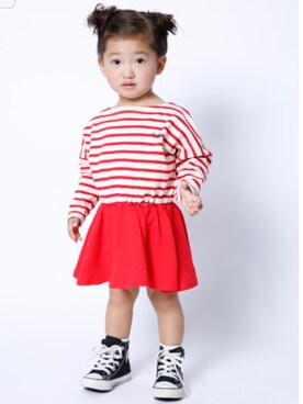 「X-girl Stages（エックスガールステージス）のSTRIPED L/S DRESS (2T・3T)（ワンピース、レッド系）」を使った、hanarevo さん（キッズ・120cm）の冬コーディネート