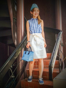 「ひざ丈スカート」｜「アイテム（ニットキャップ/ビーニー）」を使った、kaoriさん（レディース・166cm）の夏コーディネート