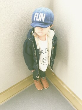 「アイテム（マウンテンパーカー、ブルー系）」を使った、RIKUmamaさん（キッズ・110cm）の秋コーディネート