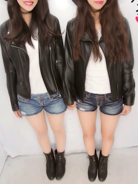 「双子コーデ」｜「アイテム（ライダースジャケット）」を使った、鈴木美海さん（レディース・161cm）の秋コーディネート