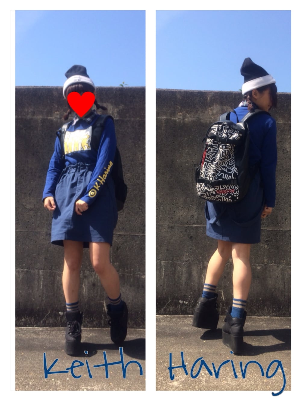 「リュック、厚底、ラインソックス、Keith Haring、キースへリング、キャラT、3rd by VANQUISH、青色コーデ、keithharing」｜「3rd by VANQUISHのアイテム（スニーカー、ブラック系）」を使った、_さん（レディース・155cm）の春コーディネートの1枚目の写真