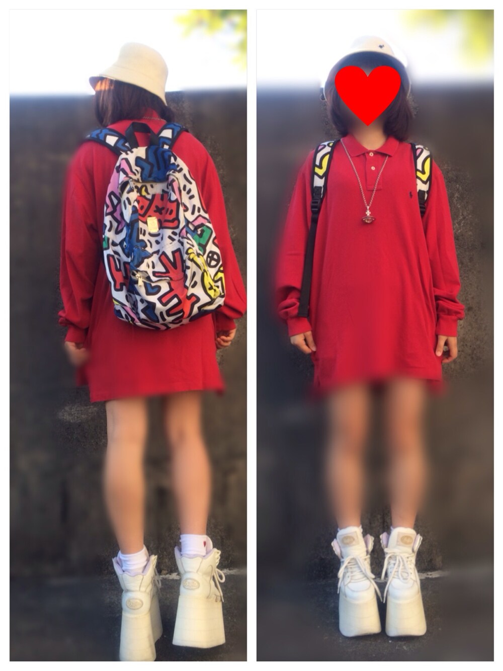 「ストリート、Vivienne Westwood、厚底、ポロシャツ、ラルフローレン、Keith Haring、ジョイリッチ(JOYRICH)、赤いスカート、JOY RICH 、厚底サンダル」｜「JOYRICHのアイテム（バックパック/リュック、ホワイト系）」を使った、_さん（レディース・155cm）の春コーディネートの1枚目の写真