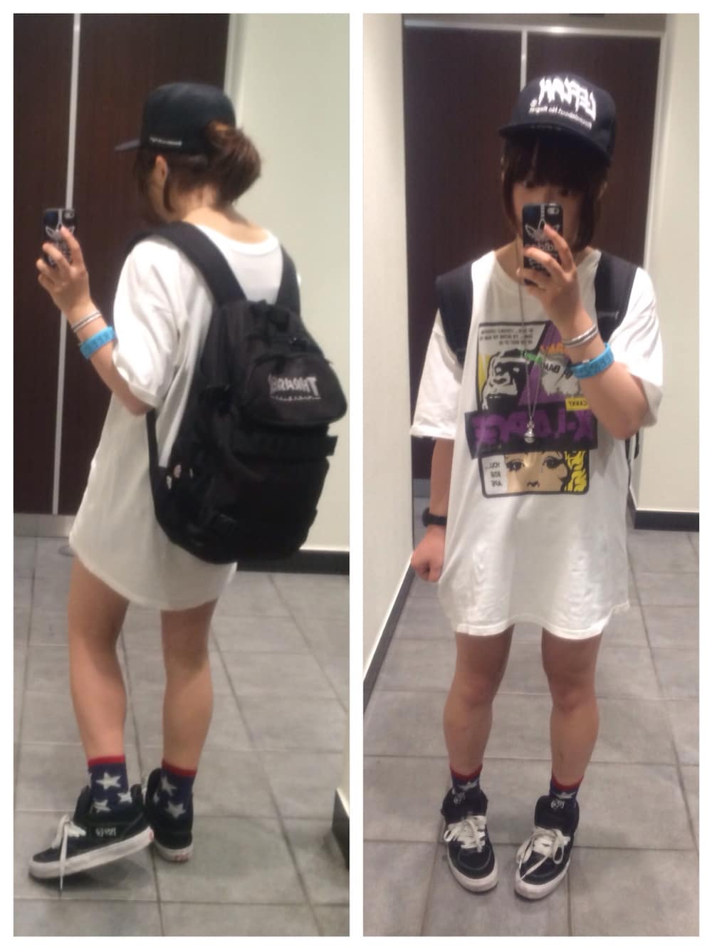 「VANS、ストリート、Vivienne Westwood、ウォーキングスタイル、THRASHER、白Tシャツ、LEFLAH、ハーフキャブ、スラッシャー、エクストララージ」｜「XLARGEのアイテム（Tシャツ/カットソー、ホワイト系）」を使った、_さん（レディース・155cm）の春コーディネートの1枚目の写真