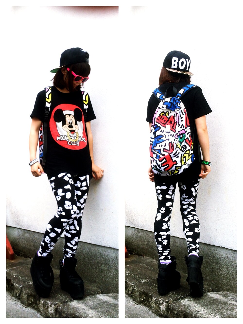 「キャップ、H&M、BOY LONDON、ストリート、ミッキー、厚底シューズ、JOYRICH、キースへリング、足長効果」｜「JOYRICHのClub Tee　(Mickey）  Disney（Tシャツ/カットソー、ブラック系）」を使った、_さん（レディース・155cm）の夏コーディネートの1枚目の写真