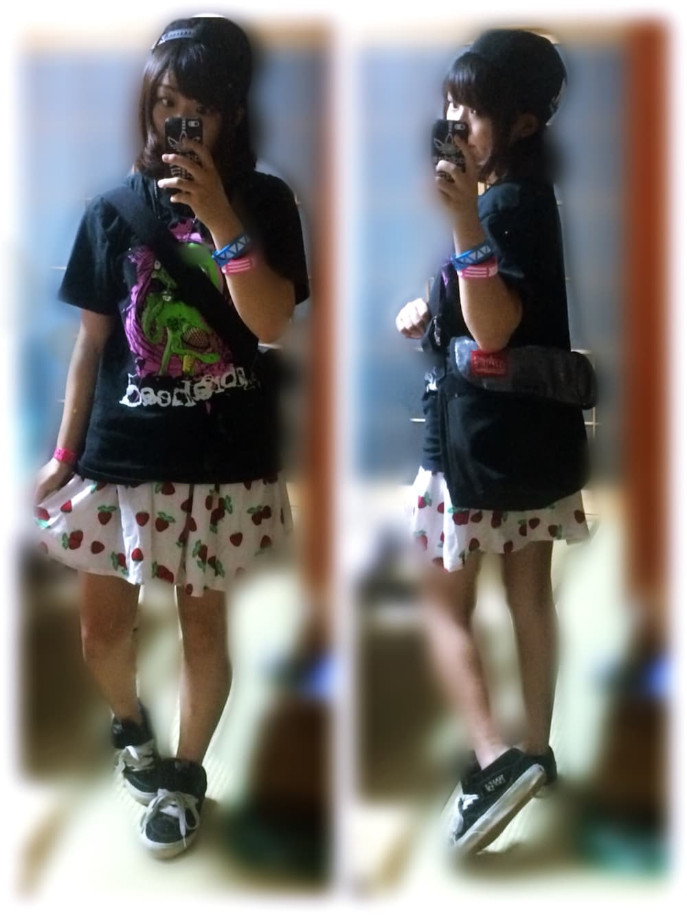 「古着、VANS、ストリート、x-girl、Vivienne Westwood、バンドT、Manhattan Portage、ライブ、スケータースタイル、LEFLAH」｜「VANSのVANS HALF CAB（スニーカー、ブラック系）」を使った、_さん（レディース・155cm）の夏コーディネートの1枚目の写真