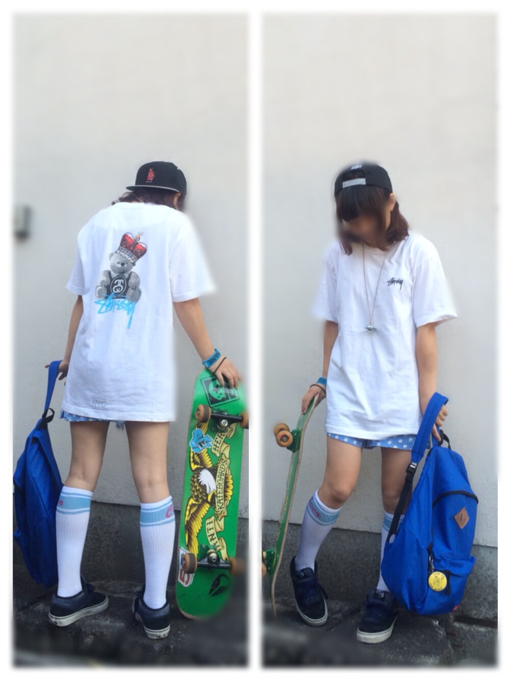 「VANS、stussy、ストリート、オーバーサイズ、Vivienne Westwood、くま、青×白、スケータースタイル、靴下×スニーカー」｜「VANSのVANS HALF CAB（スニーカー、ブラック系）」を使った、_さん（レディース・155cm）の夏コーディネートの1枚目の写真