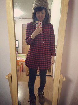 「アイテム（シャツワンピース、レッド系）」を使った、ｍｉｈｏさん（レディース・157cm）の秋コーディネート