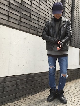 「cheap monday」｜「アイテム（ライダースジャケット）」を使った、WARPさん（メンズ・174cm）の冬コーディネート