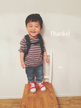 「アイテム（バックパック/リュック、ブルー系）」を使った、koさん（キッズ・80cm）の秋コーディネート