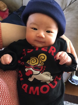 「アイテム（ロンパース、ブラック系）」を使った、めめたんさん（キッズ・50cm）の春コーディネート