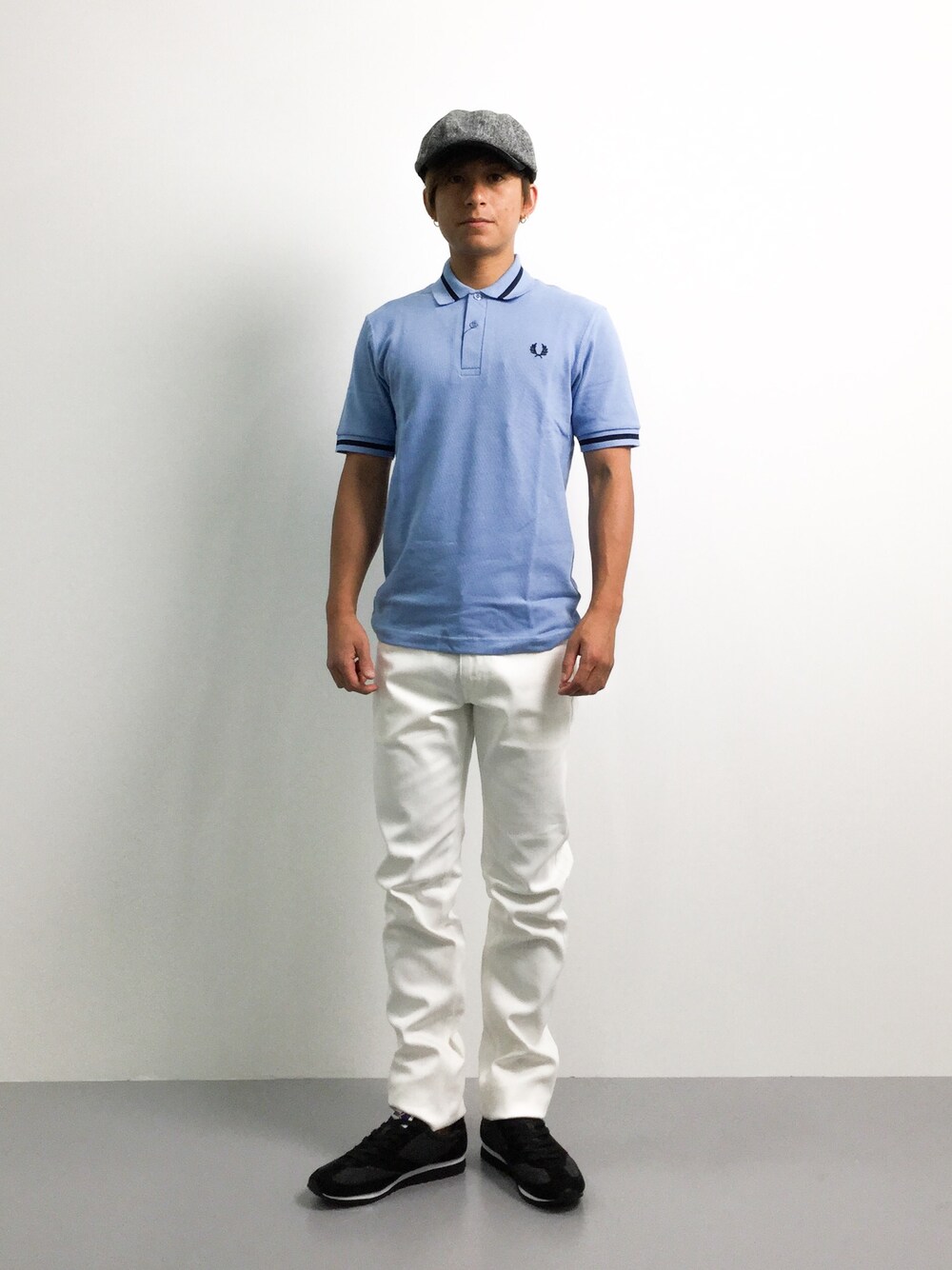 「STYLE、simple、summer style、polo shirts、huntingcap、ZOZO夏セール2015」｜「FRED PERRYのFRED PERRY /フレッドペリー:M2 Single Tipped/ポロシャツ ##（ポロシャツ、ブルー系）」を使った、Tomoさん（メンズ・167cm）の夏コーディネートの1枚目の写真