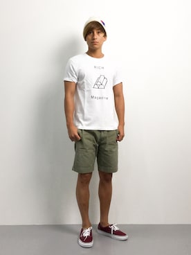 「JUNRED（ジュンレッド）のアイテム（ニットキャップ/ビーニー）」を使った、Tomoさん（メンズ・167cm）の夏コーディネート