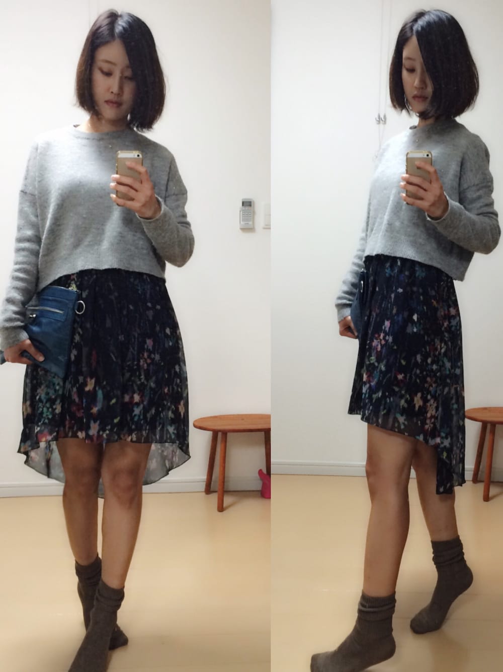 「アンバランス丈、ワンピース、アンゴラ、クラッチバッグ、ルーズソックス」｜「ZARAのアイテム（ニット/セーター、グレー系）」を使った、®️さん（レディース・163cm）の秋コーディネートの1枚目の写真